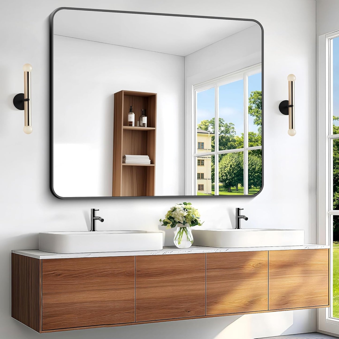 BONEWEI Black Bathroom Mirror,40x48 inch Wall Mirror for Bathroom Wall Mounted,Rectangle Mirror for Bathroom Over Sink,Modern Frame Round Corner for Living Room,Bedroom Entryway,Horizontal/Vertical