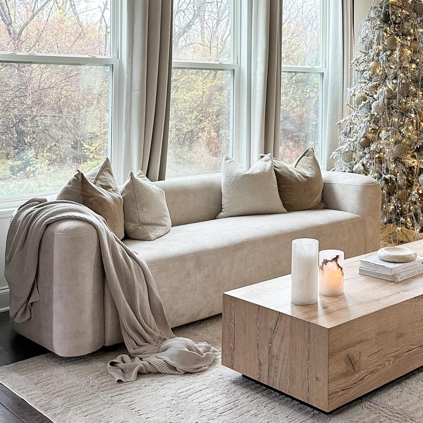 Acanva Luxury Modern Tight Curved Back Velvet Sofa, Minimalist Style Comfy Couch for Living Room Apartment, 3 Seater, Cream