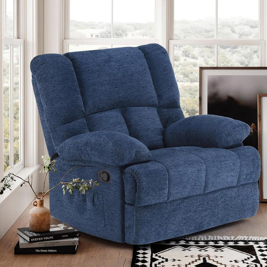 Oversized Rocker Recliner Chair, Wide Rocker Chair with Adjustable Backrest Footrest, Oversized Recliner for Adults, Reclining Sofa for Living Room, Blue