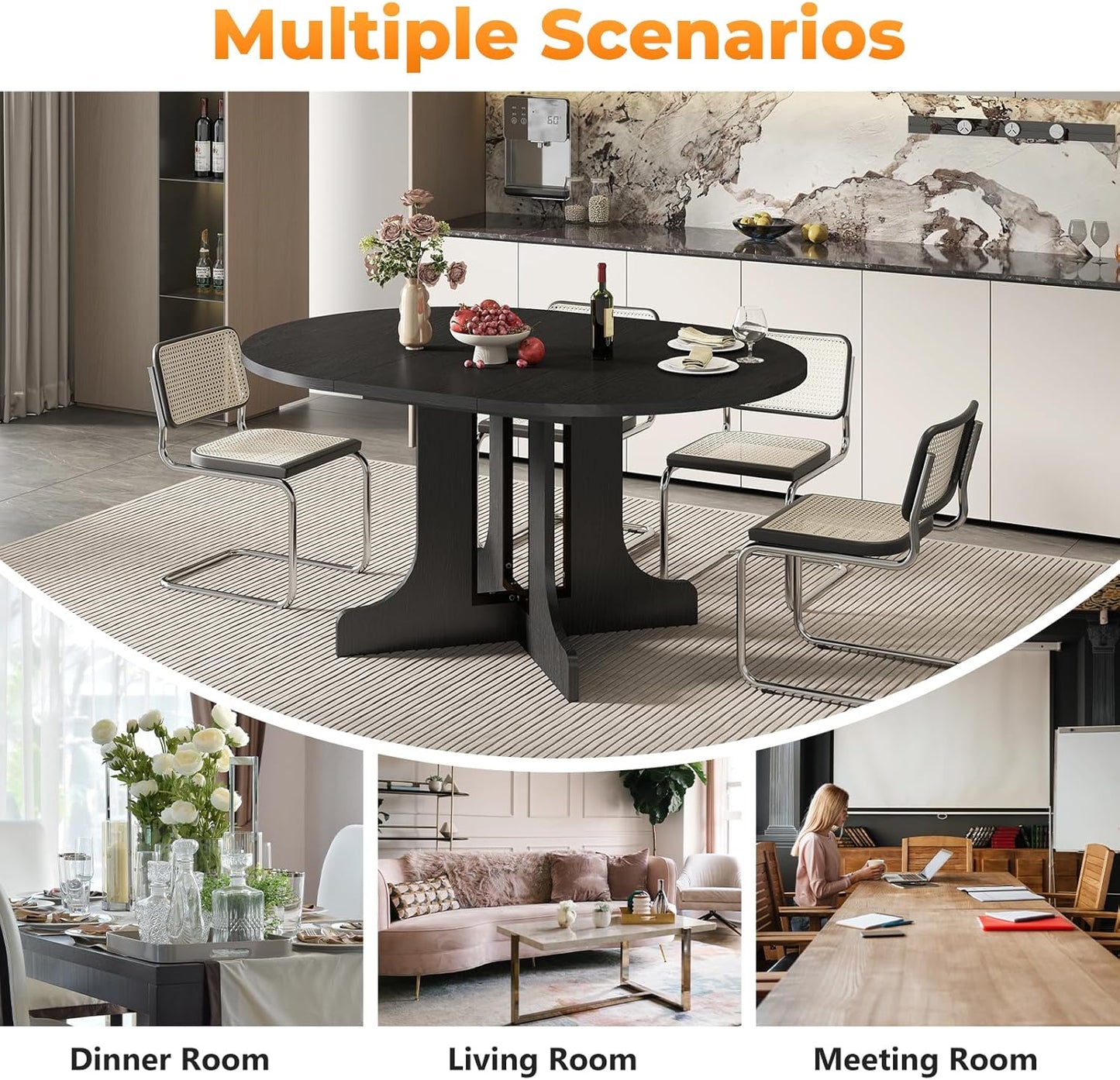 43"-59" Expandable Round Dining Table, Extendable Dining Room Table for 4-6, Oval Tabletop with Removable Leaf, Trestle X-Shaped Base & Metal Track for Dining Room, Living Room-Black