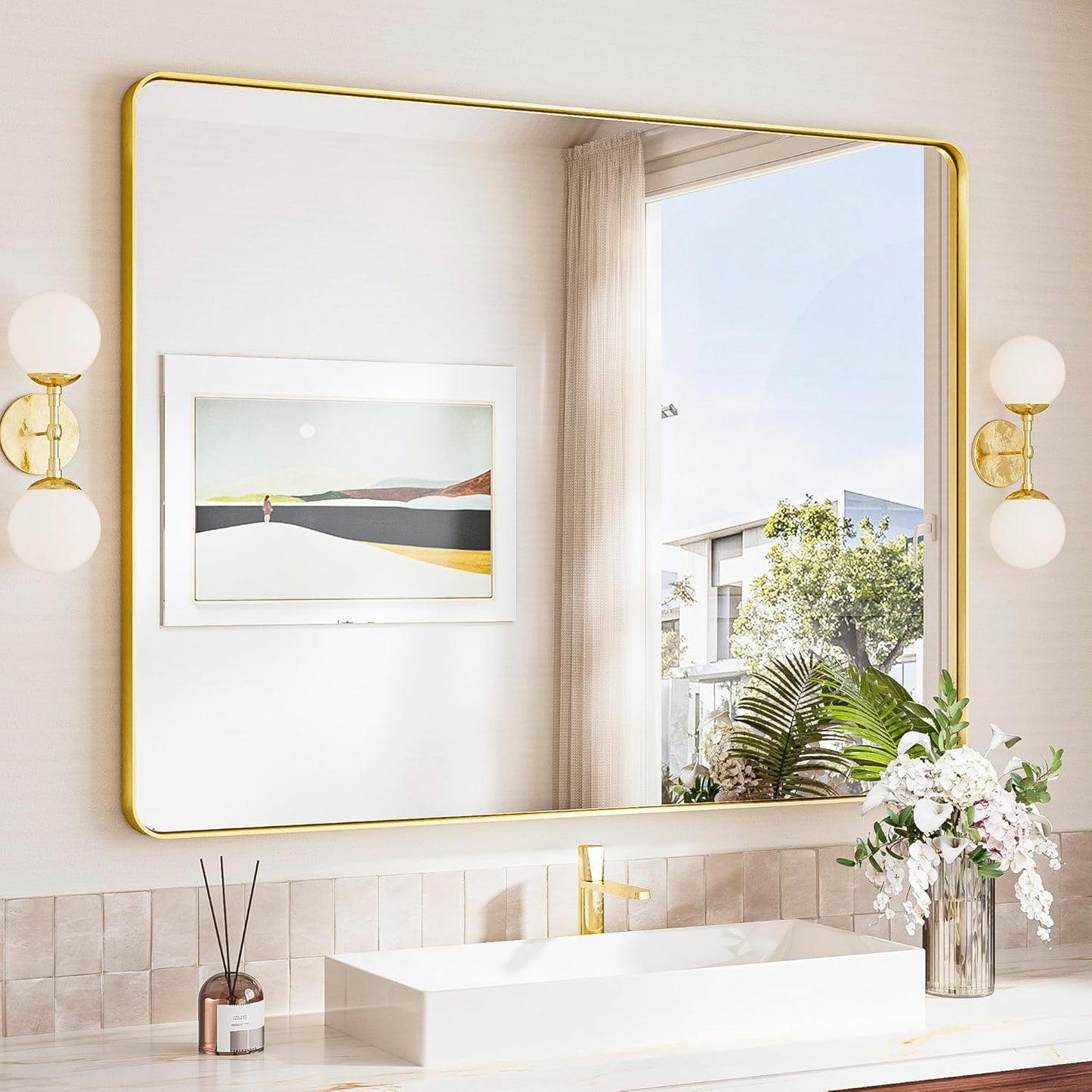 TokeShimi 48x36 Gold Bathroom Mirror for Over Sink,Tempered Glass,Rectangle Mirror for Bathroom,Large Bathroom Mirror for Vanity(Horizontal/Vertical)