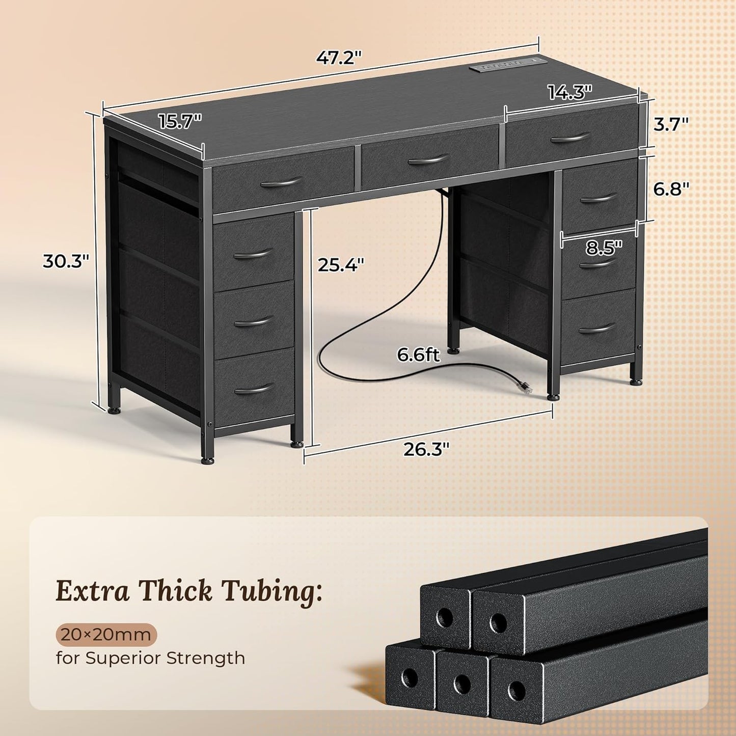 PRAISUN 47 Inch Office Desk with Outlets, Computer Desk with 9 Fabric Drawers, Writing Gaming Work Study Desk for Bedroom, Living Room, Home Office, Large Storage, Black