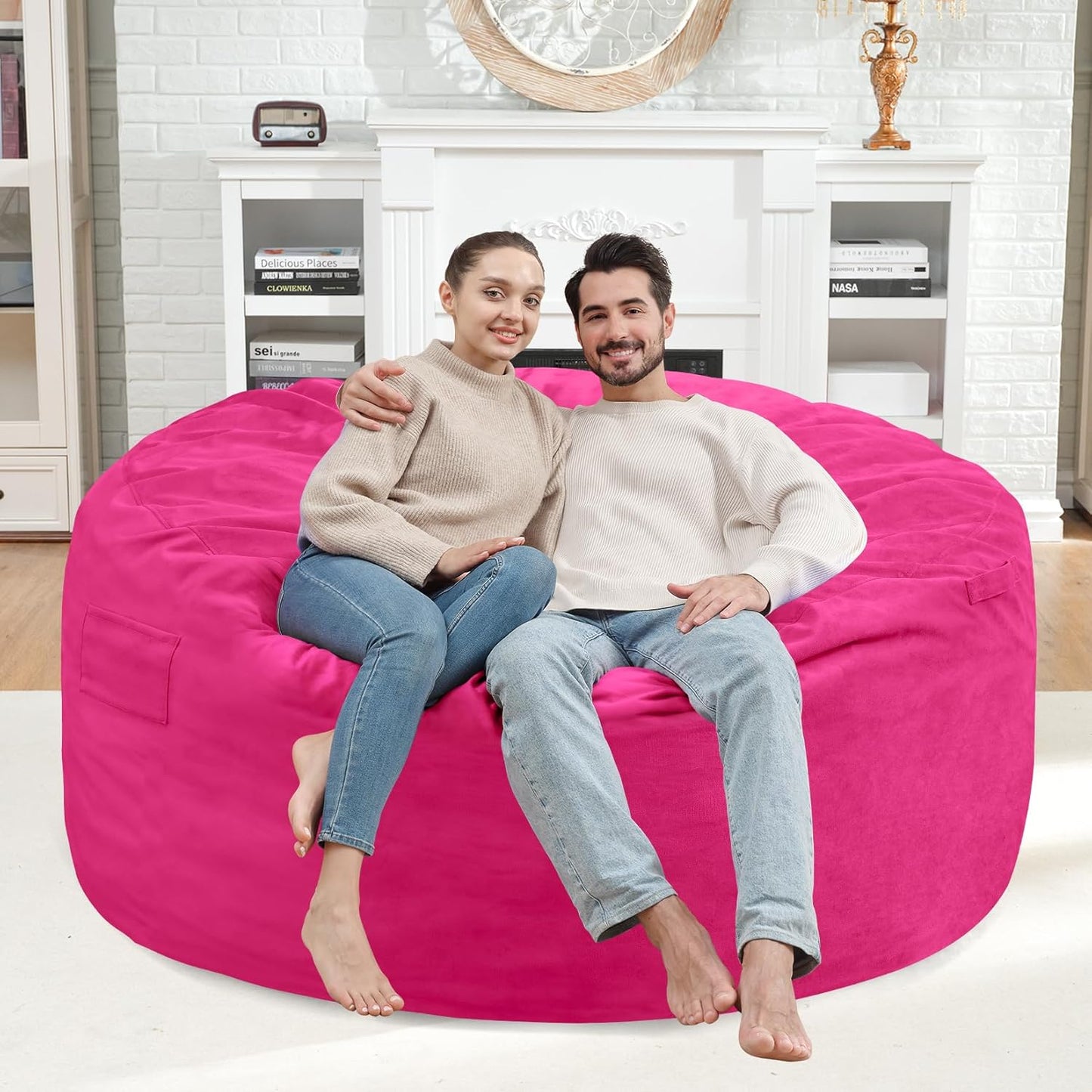 4FT Bean Bag Chair, Large Bean Bag Chairs with Memory Foam Filled, Fluffy Beanbag Sofa with Dutch Velvet Cover, Round BeanBag Chairs for Living Room, Playroom - Pink