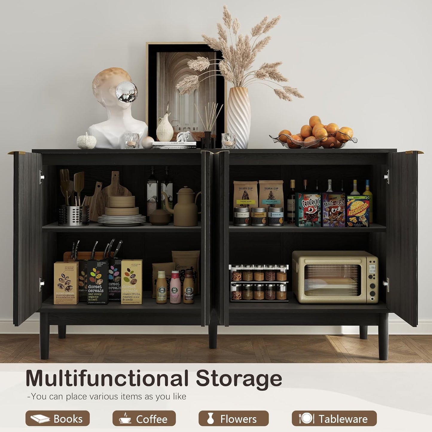 Fluted Cabinet with Storage, Small Buffet Cabinet Sideborad with Door, Kitchen Buffet Storage Accent Cabinets with Adjustable Shelves for Living Room, Entry, Hallway,Black