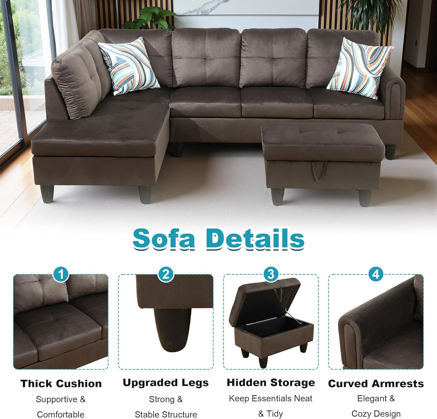 97" Oversized Sectional Couch, L Shaped Couch with Storage Ottoman, Modern Modular Sofa with Deep Seat, Sectional Couches for Living Room and Office, Dark Brown (Flannel)