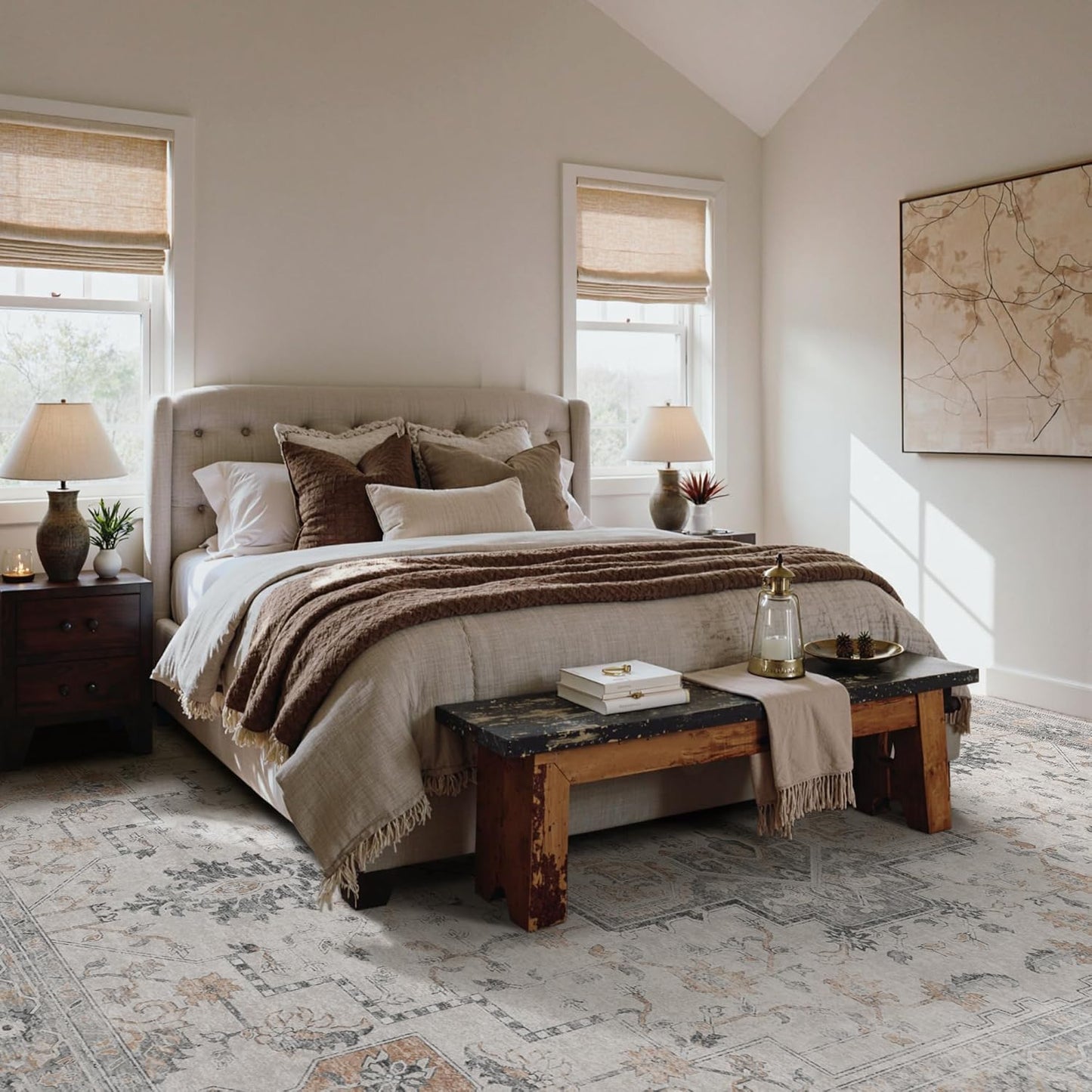 GENIMO 10x12 Area Rugs for Living Room, Non Slip Machine Washable Vintage Rugs, Low Pile Lightweight Chenille Print Large Rug for Bedroom, Dining Room, Home Office, Light Taupe Brown