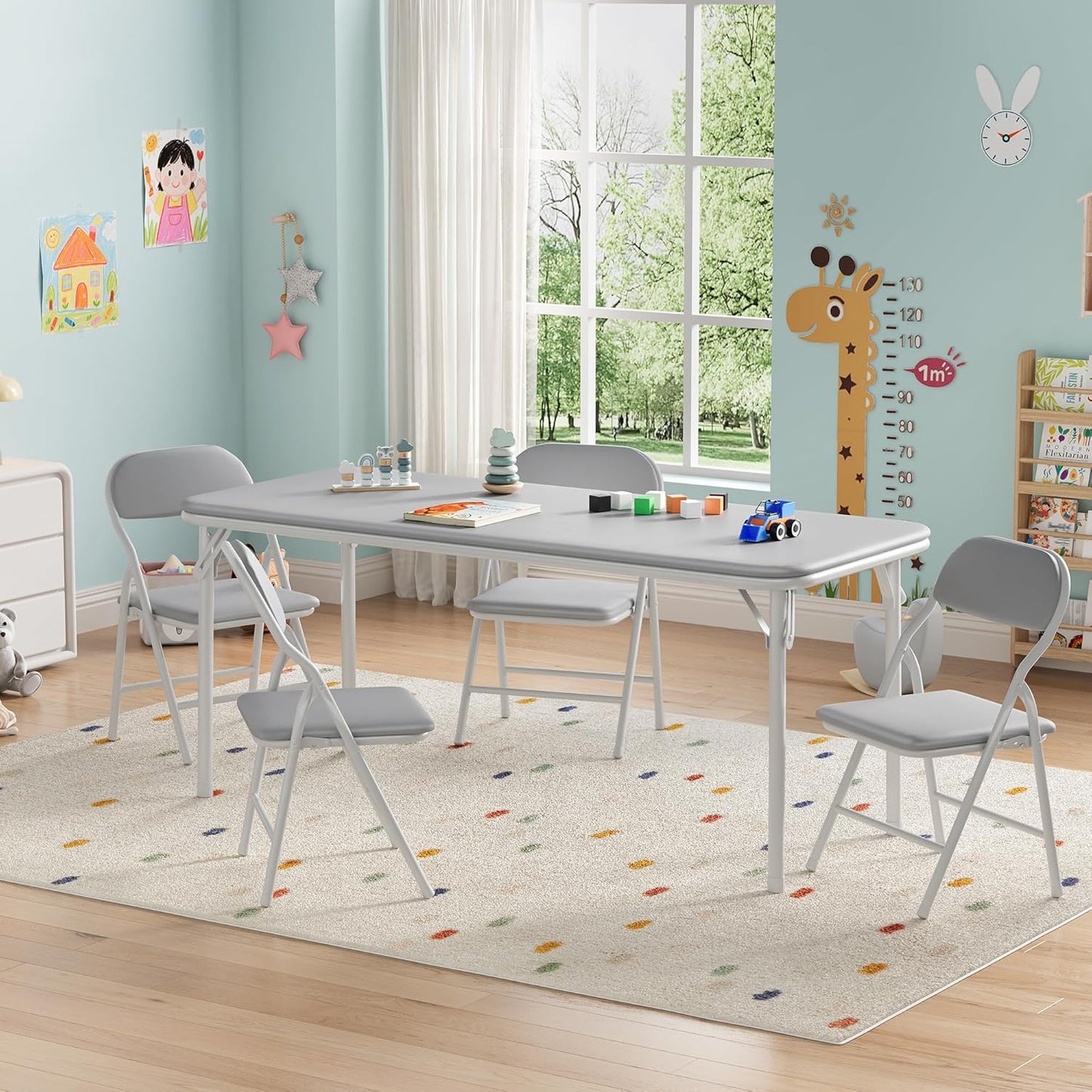 GarveeHome 5-Piece Kids Folding Table and Chairs Set, Toddlers Children's Activity Table and Chairs Set for Dining Room,Daycare,Classrooms