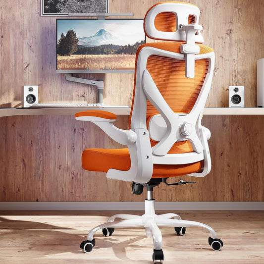 Ergonomic Office Chair - X-Shaped Computer Desk Chair Comfy, Gaming Chair, Office Chair with Lumbar Support, Mesh Office Chairs with Headrests, Desk Chair for Long Hours(White-Orange)