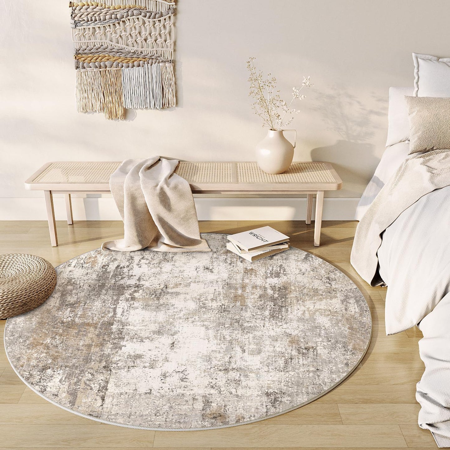 3x3 Washable Round Rug Brown Grey Neutral Abstract Entryway Non Slip Low Pile Area Rug Living Room Bedroom Indoor Doormat Small Soft Carpet for Entrance Bathroom Kitchen