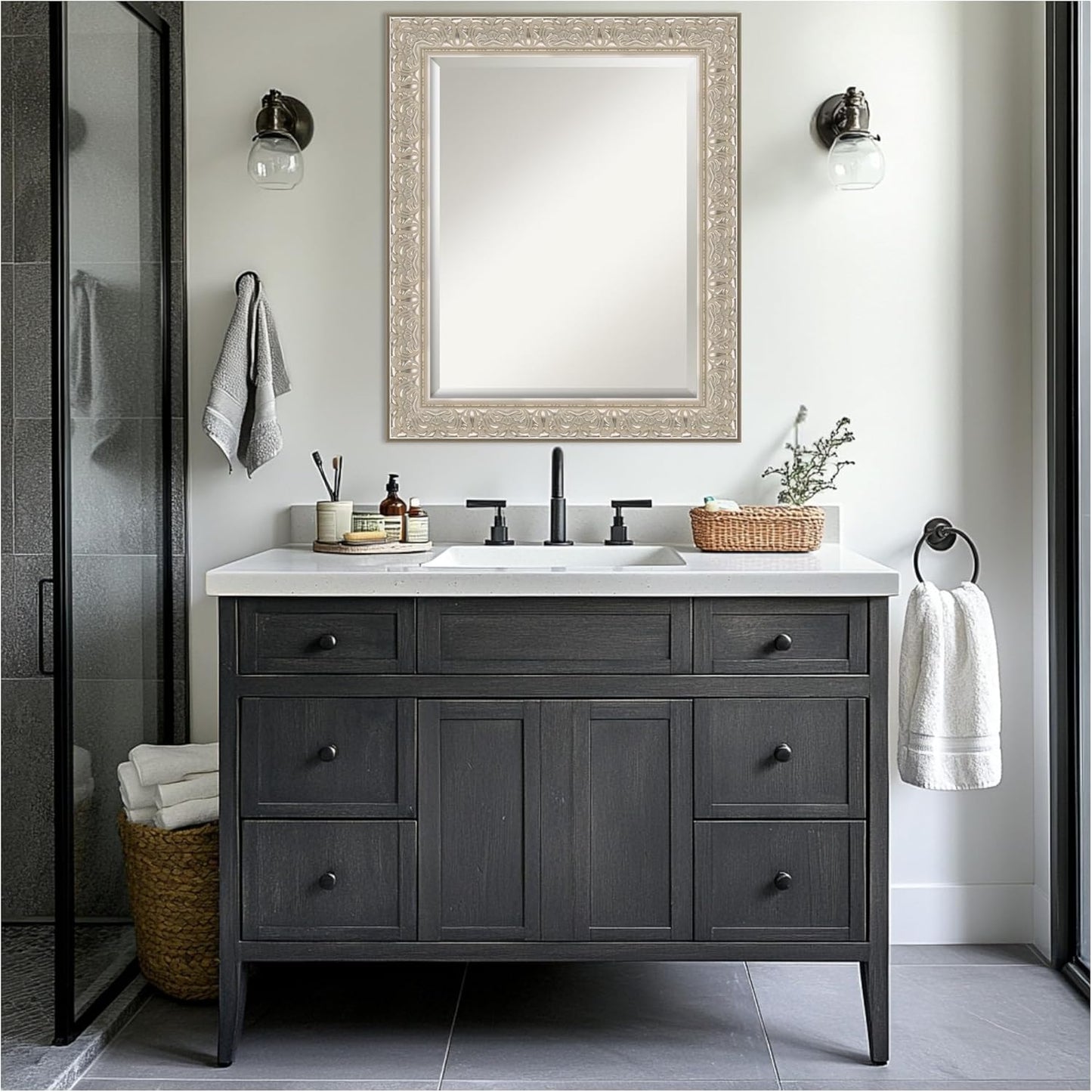 Amanti Art Silver Bathroom Mirror for Over Sink, 29x35 Luxe Silver Cream Rectangle Vanity Mirror, Large Traditional Frame, Hangs Horizonally and Vertically, Bathroom Wall Decor, Beveled Edge