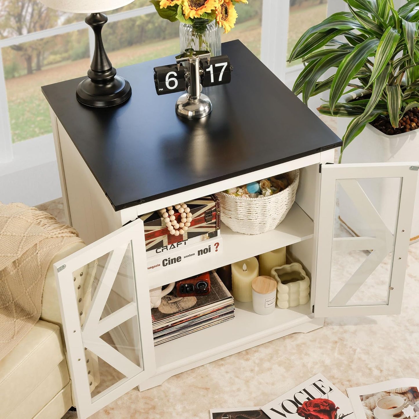 Farmhouse End Table, 24" Large End Tables with Storage, Rustic Square Sofa Beside Table with Glass Barn Door, Wood Side Table Square Nightstand for Living Room, Bedroom, Office (White)