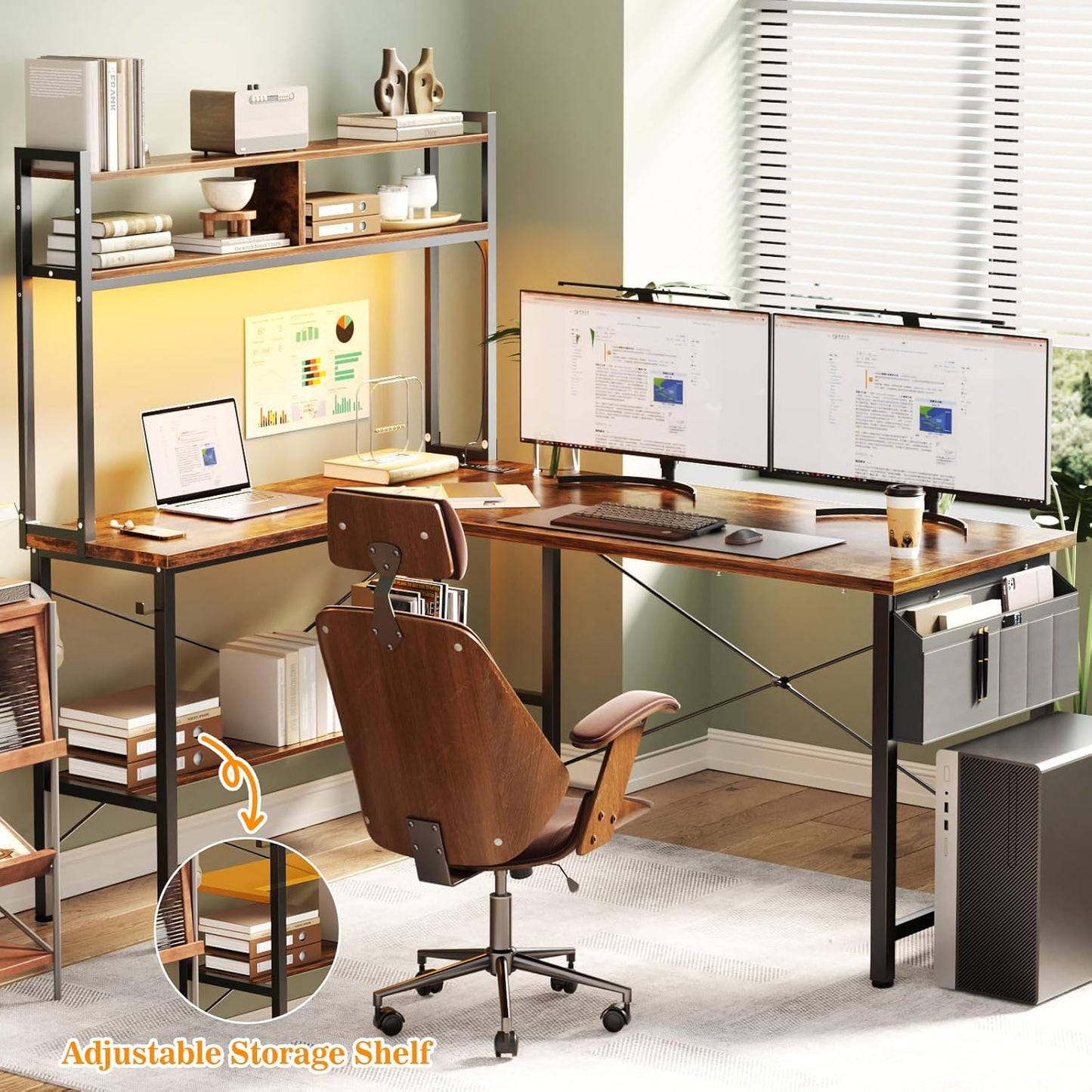 Aheaplus L Shaped Desk Gaming Desk, 59" L Shaped Computer Desk with LED Light & Power Outlet, Reversible Home Office Desk Gamer Desk with Shelves & Storage Bag & Hooks, Corner PC Desk, Rustic Brown