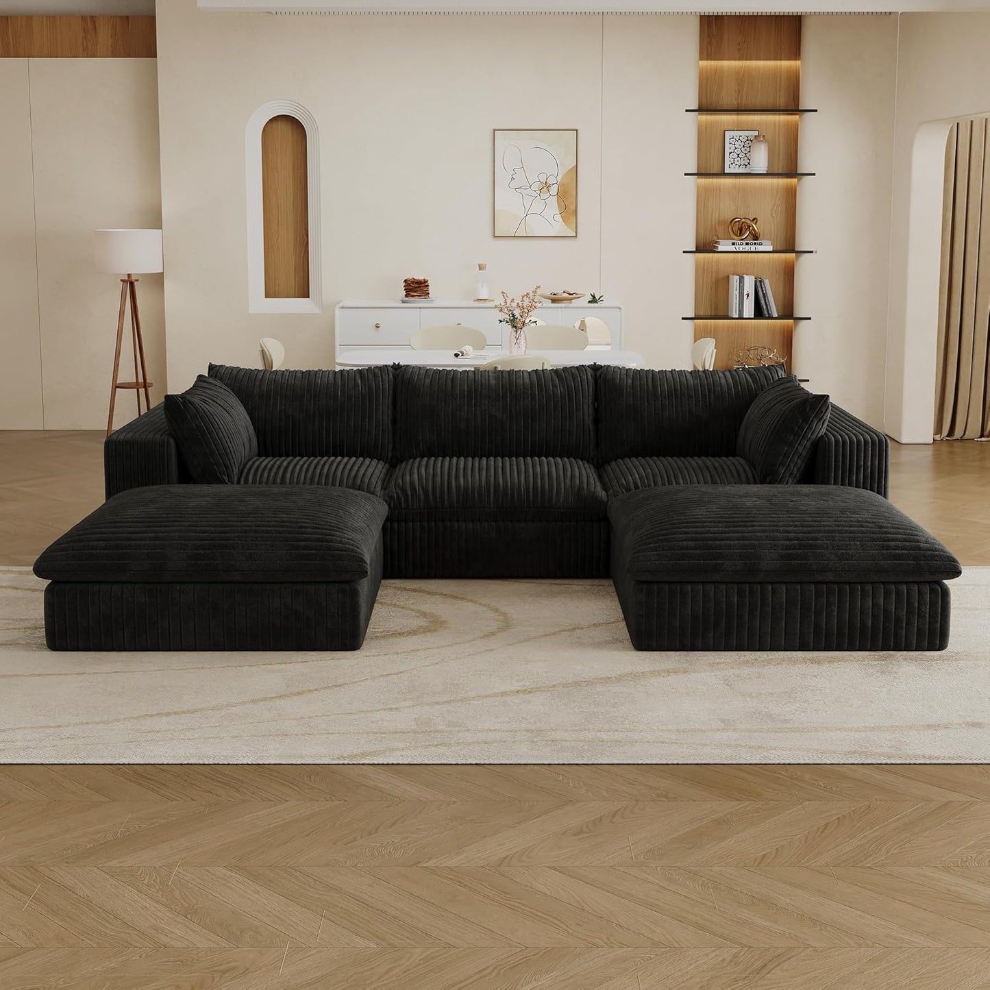 Down Filled Boneless Sectional Sofa Cloud Couch with Movable Ottomans, 118 inch Convertible U Shaped Lounge Couch w/Deep Seat, Fluffy Corduroy Upholstered Compress Modular Sofa