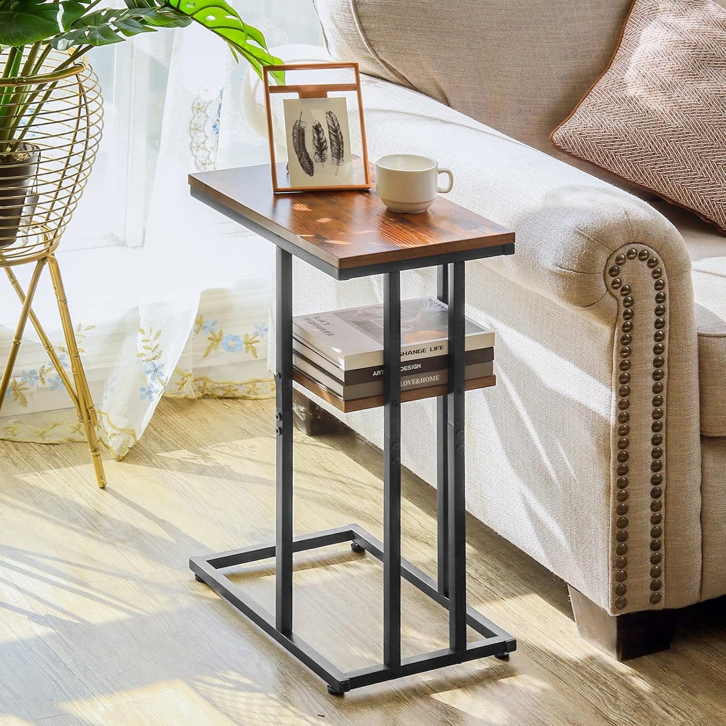 Yoobure C Table End Table Set of 2, Side Tables Living Room, C Shaped Side Table, Couch Tables That Slide Under Couch Table with Metal Frame, Rustic Snack Table for Bedroom/Small Spaces Large Desktop