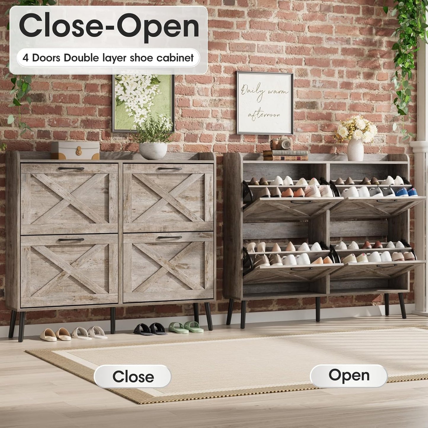 Maupvit Large Shoe Storage Cabinet with 4 Flip Drawers, Narrow Shoe Cabinet for Entryway with Wooden Legs, Freestanding Hidden Shoe Rack Organizer ＆ Metal Hinges, Light Rustic Oak