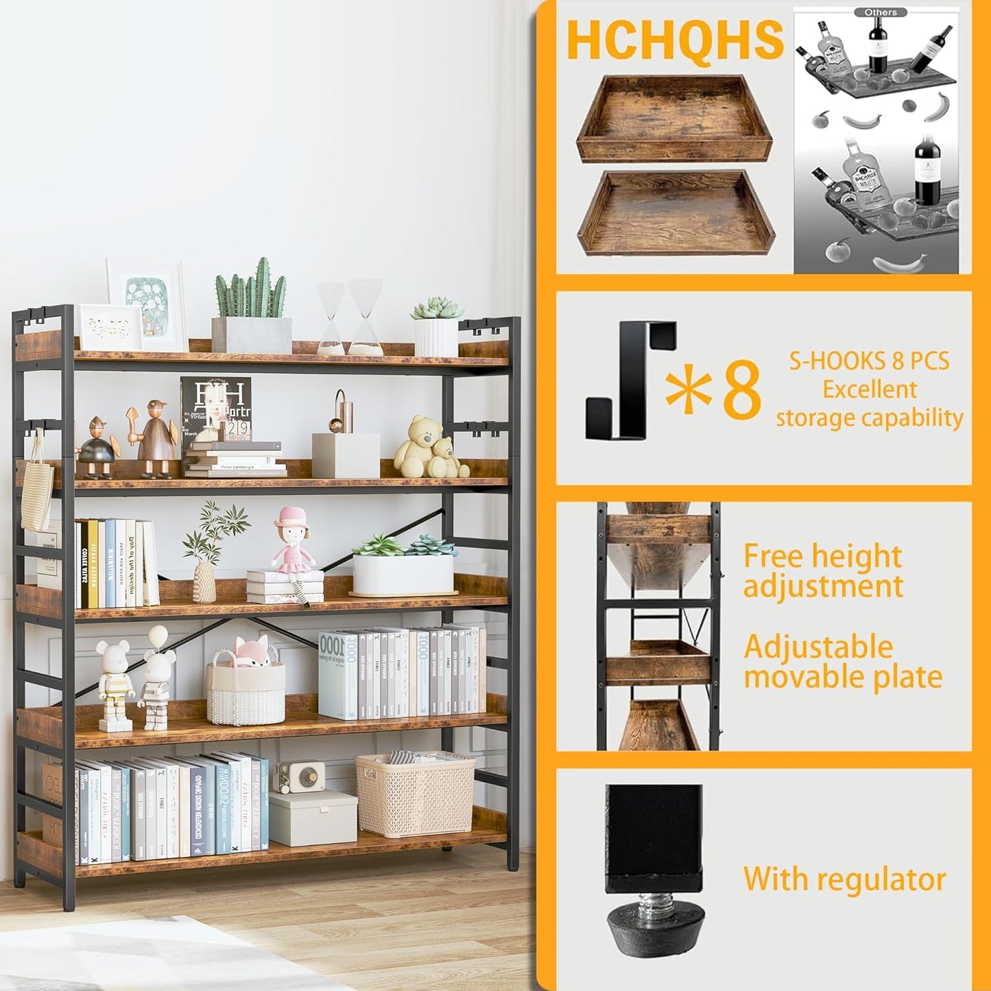 HCHQHS 5 Tier Bookshelf, Adjustable Industrial Bookcase, Vertical Tall Book Shelf, Wood and Black Metal Open Bookshelves for Home Office, Living Room, Bedroom