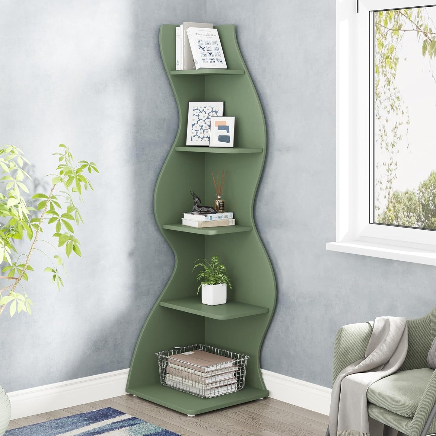 Tribesigns Corner Shelf, Modern 5-Tier Wall Corner Bookshelf, Stylish Corner Small Bookcase Storage Rack Plant Stand with Unique Shape for Living Room, Home Office (Sage Green, 1PC)