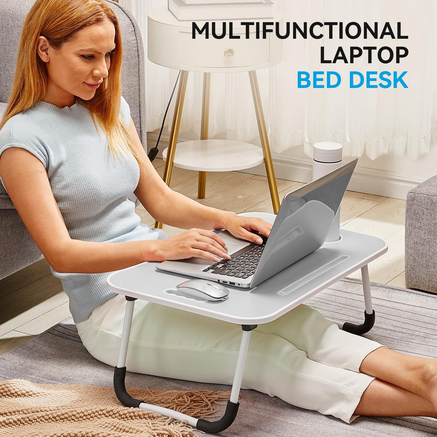 BUYIFY Folding Lap Desk, 23 Inch Portable Wood Grey Laptop Bed Desk Lap Desk with Cup Holder, for Working Reading Writing, Eating, Watching Movies for Bed Sofa Couch Floor