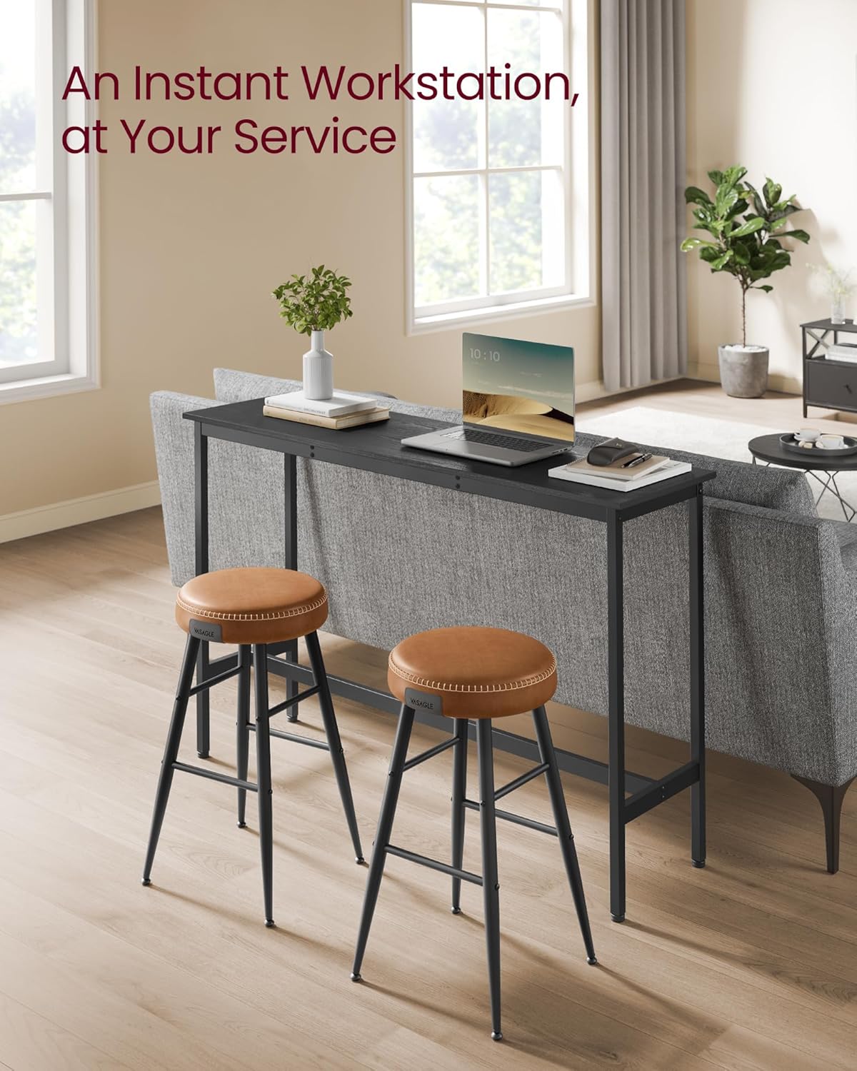 VASAGLE Bar Table, Narrow Long Kitchen Dining Table, Sturdy Metal Frame, Industrial, 15.7 x 55.1 x 35.4 Inches, Ebony Black and Ink Black ULBT140B56