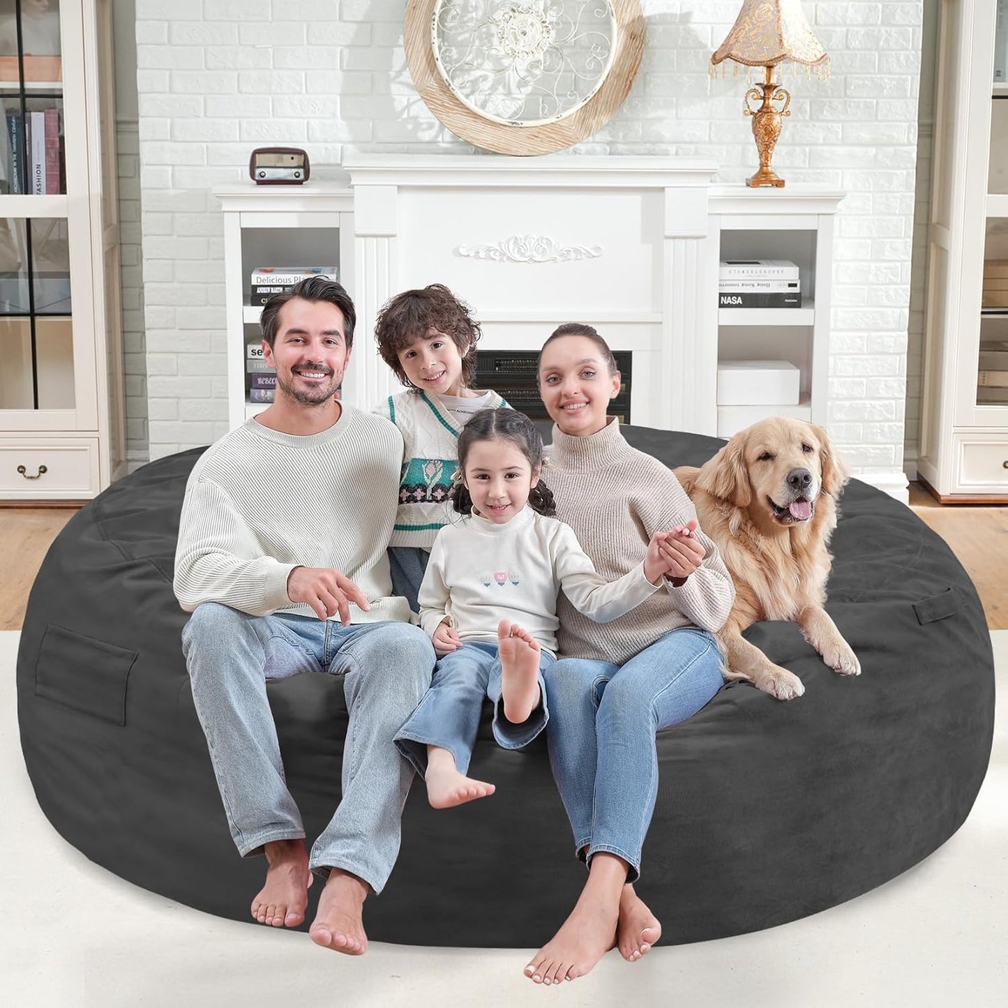 7FT Bean Bag Chair, Large Bean Bag Chairs with Memory Foam Filled, Fluffy Beanbag Sofa with Dutch Velvet Cover, Round BeanBag Chairs for Living Room, Playroom - Grey