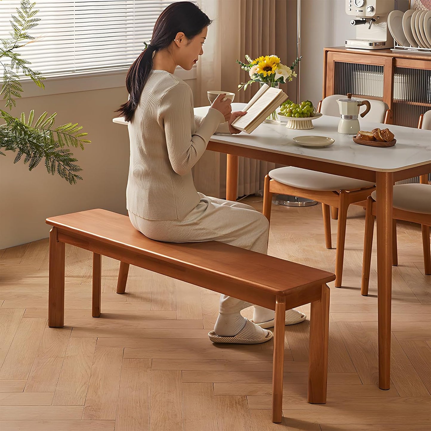 Dining Bench, Solid Wood Bench with Wide Seat, Mid Century Modern Bench, End of The Bed Bench, 47.2" L x 11" W x 16.5" H(Natural)