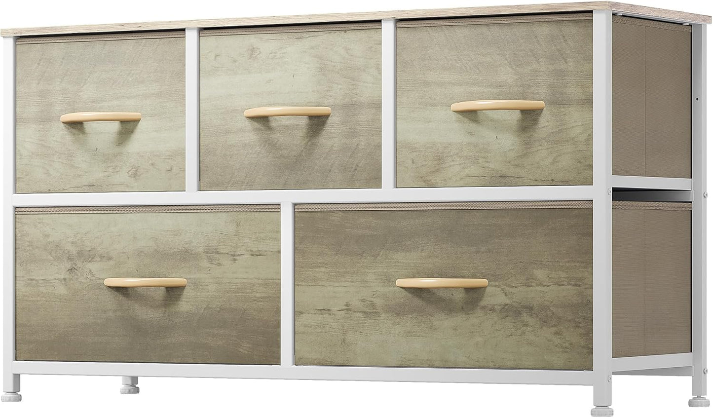 DWVO Wide Chest of Drawers, Dresser with 5 Drawers, Oak Grain Fabric Storage Tower, Dresser for Bedroom with 5 Drawers, Living Room, Closets - Sturdy Steel Frame, Wooden Top