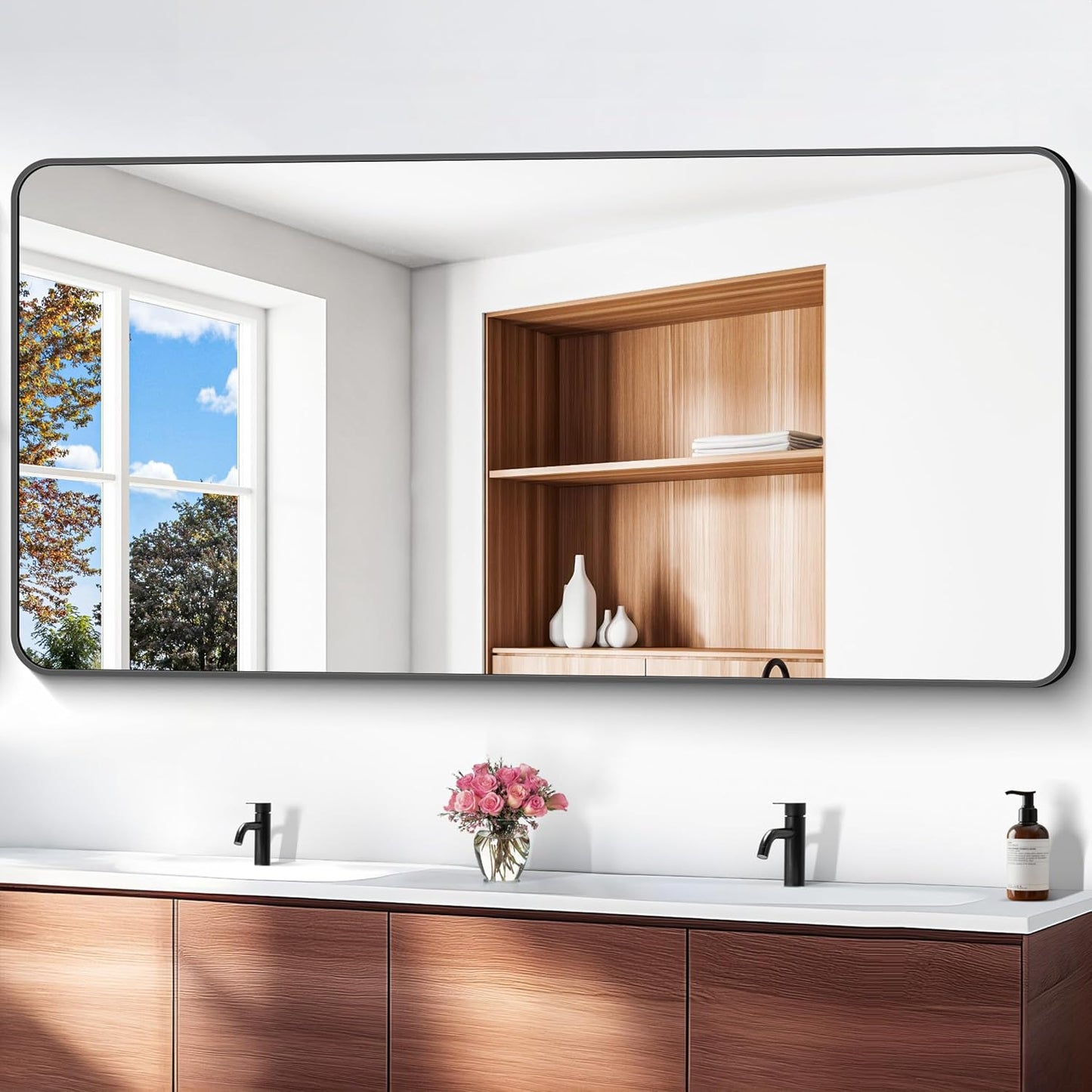 BONEWEI 72x36 inch Large Bathroom Mirror,Black Rectangle Mirror,Wall Mounted Bathroom Frame Vanity Mirror with Round Corner for Bedroom Living Room,Entryway Hangs Horizontal or Vertical
