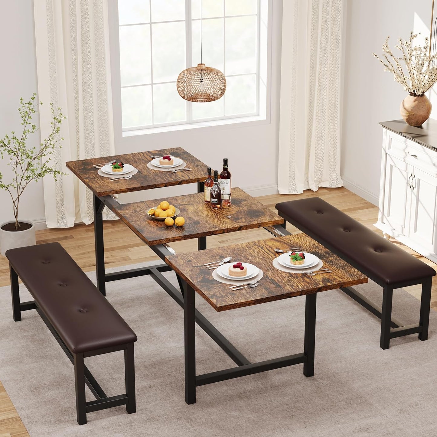3-Piece Dining Table Set for 4-6 People, Extendable Kitchen Table Set with 2 Upholstered Benches, Dining Room Table Set for Apartment, Kitchen, Living Room, Brown
