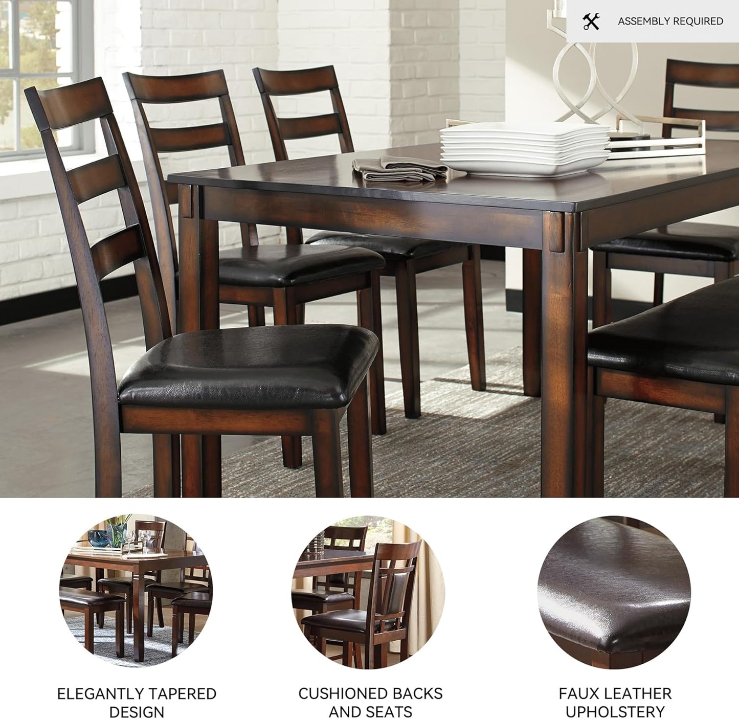 Signature Design by Ashley Coviar 6 Piece Dining Set, Includes Table, 4 Chairs & Bench, Dark Brown
