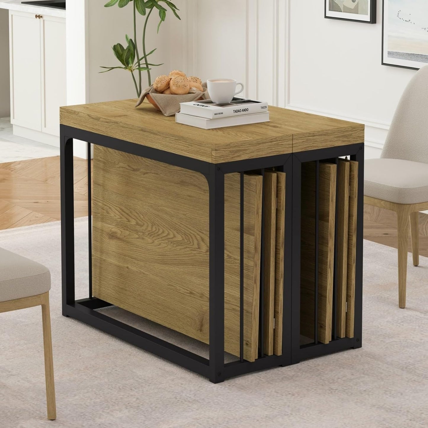 KEIKI 23.62" - 118" L Extendable Foldable Dining Room Table for 2-10 People, Wood Modern Rustic Rectangle Expandable Kitchen Living Meeting Room Furniture, 5 Tabletop Length Options