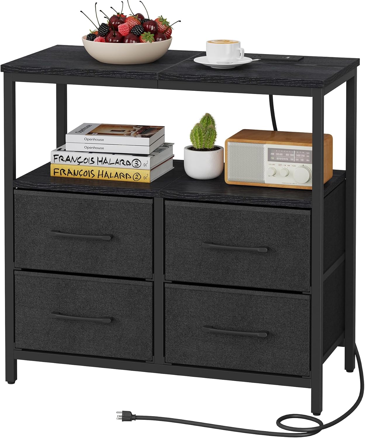 TUTOTAK Large Night Stand with Charging Station, Nightstand with USB and Type-C Port, Bedside Table with Cloth Drawers, End Table for Livingroom, Bedroom, Black TB01BK081