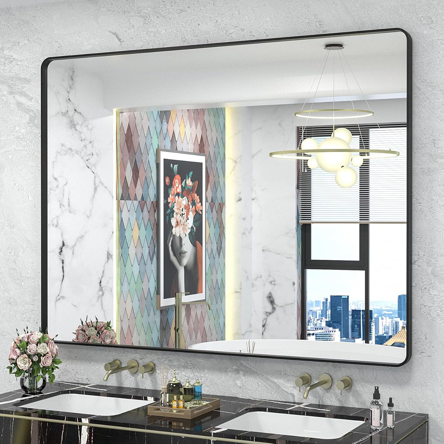 48x40 Inch Black Metal Framed Bathroom Mirror for Wall, Large Rounded Rectangle Mirror, Matte Black Bathroom Vanity Mirror, Anti-Rust, Shatterproof, Hangs Horizontally or Vertically