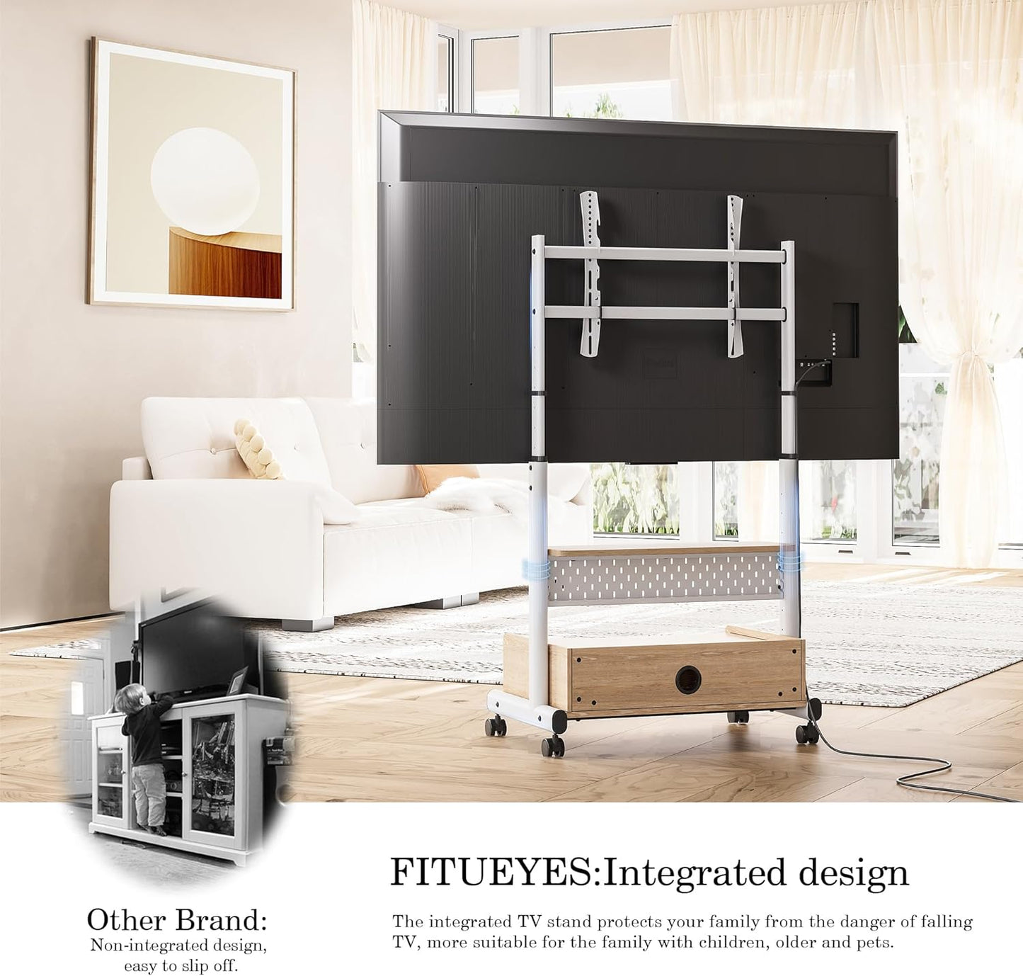 FITUEYES Rolling TV Floor Stand for 40-85in TVs, Heavy Duty Mobile TV Stand on Wheels Lockable, TV Cart with Wooden Large Storage Shelf & Pegboard Hold up to 132 lbs for Bedroom, Living Room, Office