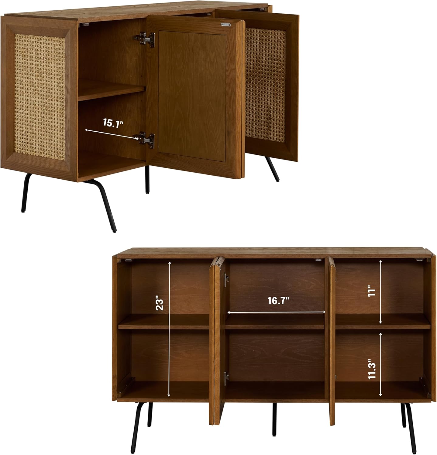 NTC MOSSIC Modern Sideboard with 3 Doors, Natural Rattan Storage Cabinet, Buffet with Metal Legs, Boho Accent Cabinet for Living Room, and Entryway, Effortless Assembly - Rustic Oak