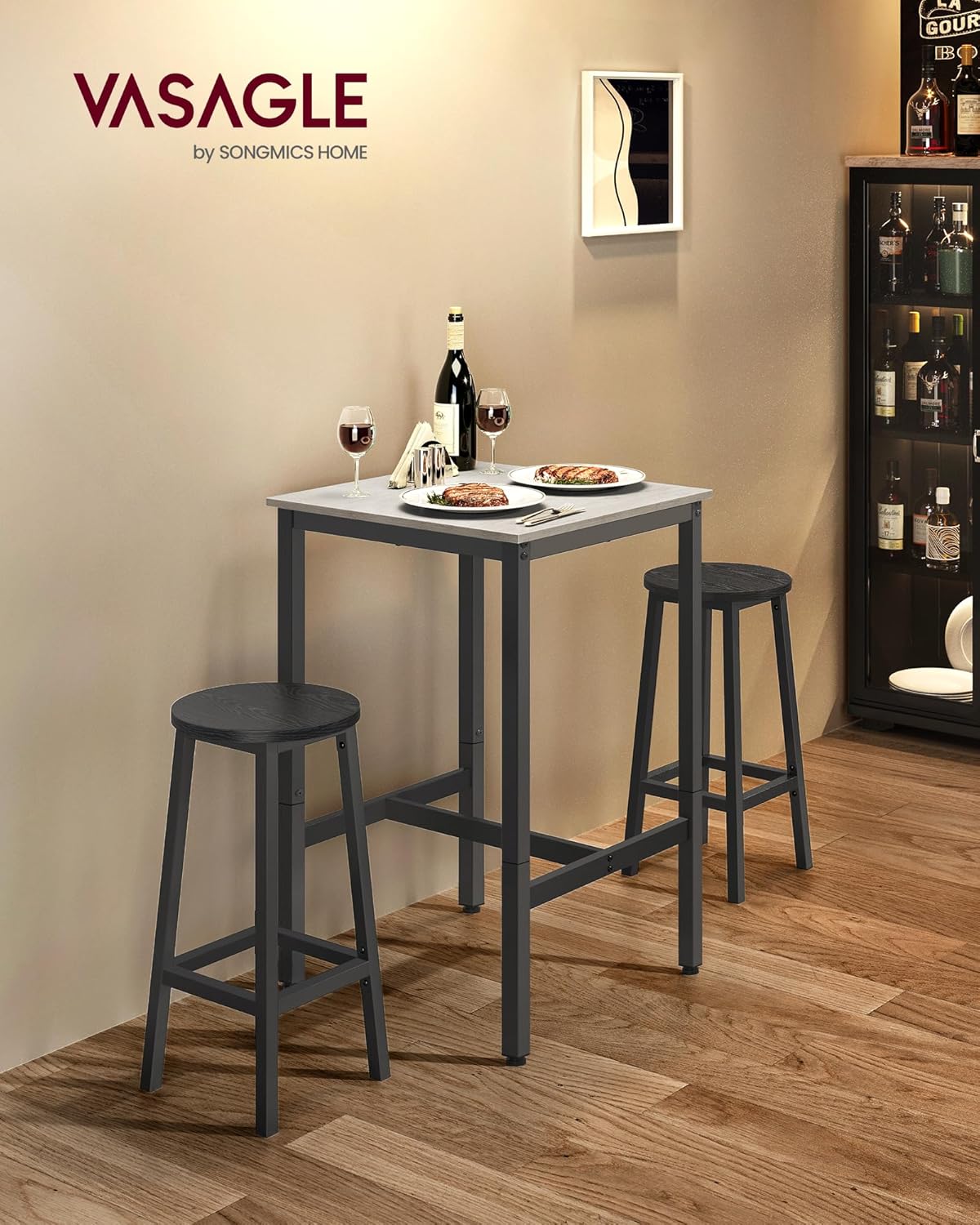 VASAGLE Bar Table, Small Kitchen Dining Table, High Top Pub Table, Height Cocktail Table for Living Room Party, Sturdy Metal Frame, 23.6 x 23.6 x 36.2 Inches for Narrow Spaces, Vintage White and Black