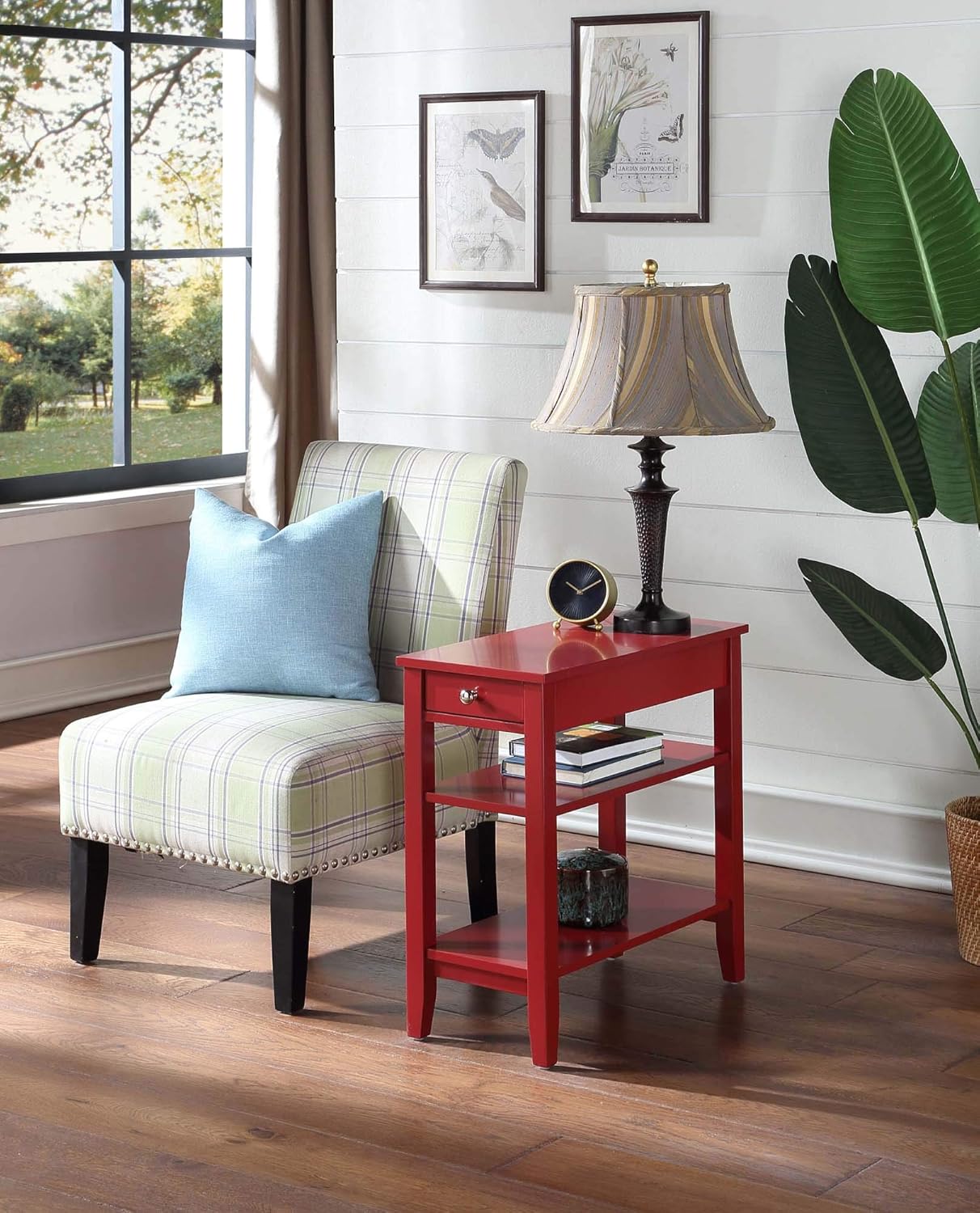 Convenience Concepts American Heritage Chairside End Table with Drawer 23.5" - Classic Living Room Table with Storage Shelf, Bedroom Nightstand, Cranberry Red