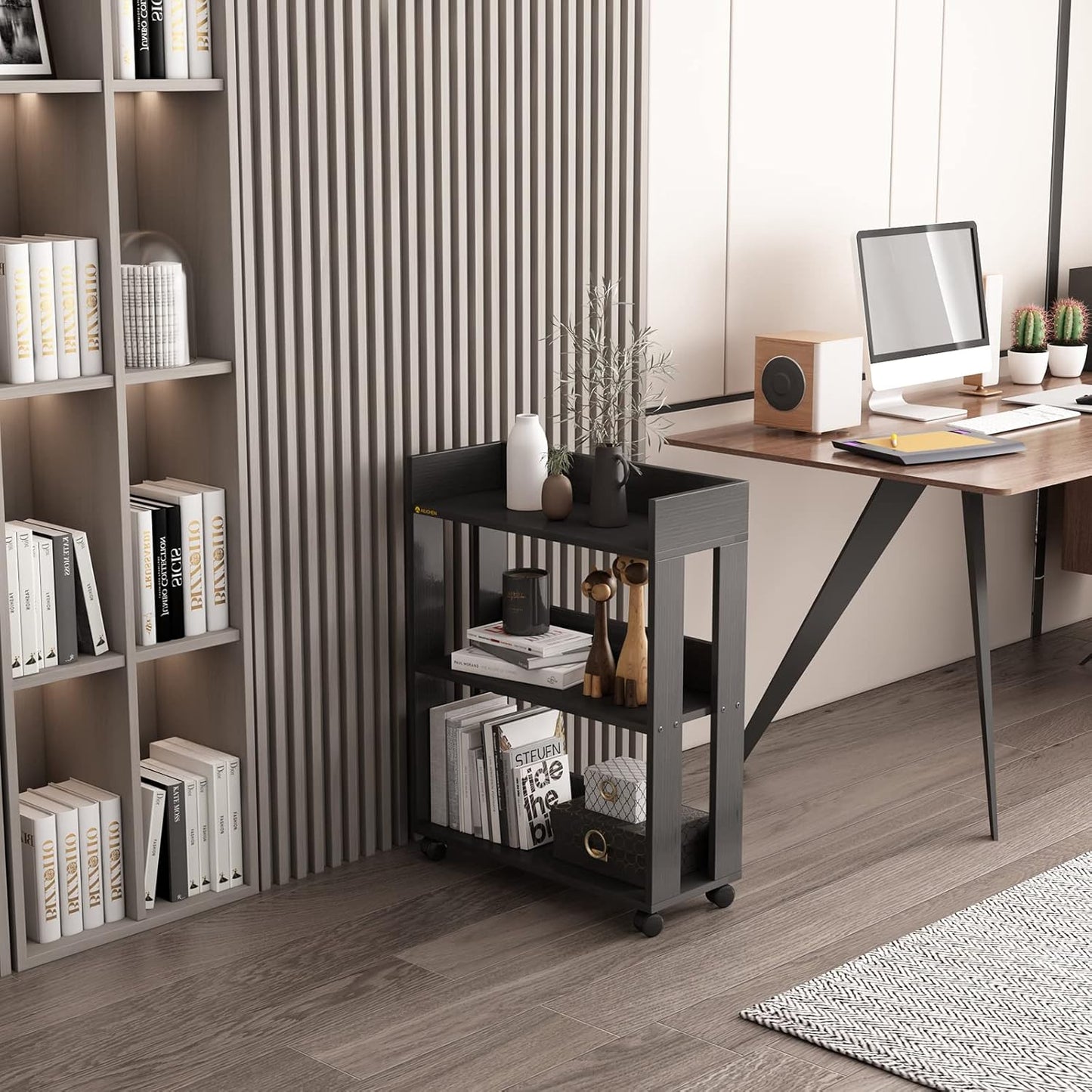 ALISENED Small Bookshelf and Bookcase, 3 Tier Wood Nightstand with Wheels, Modern Bedside End Table with Storage Rack for Bedroom, Library, Living Room, Home, Office Cart, Black