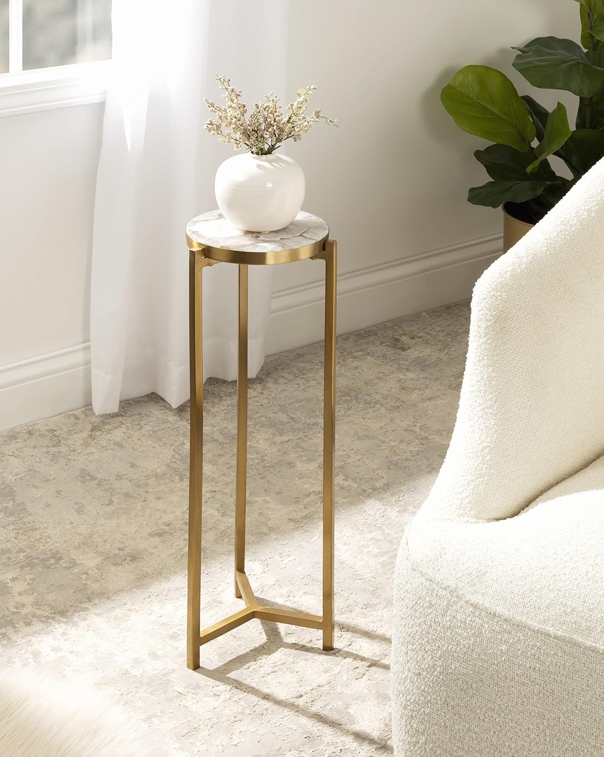 Kate and Laurel Aguilar Modern Drink Table; 9 x 9 x 23; Natural Stone and Gold; Genuine Quartz Accent Table for Small Spaces