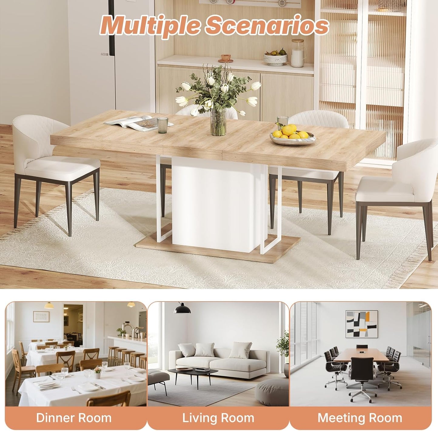 63"-78.7" Expandable Dining Table, 6-10 Farmhouse Kitchen Table, Extendable Dining Room Tables, Rectangular Table with Metal Track, Stable Central Column Base for Living Room, Home-Oak