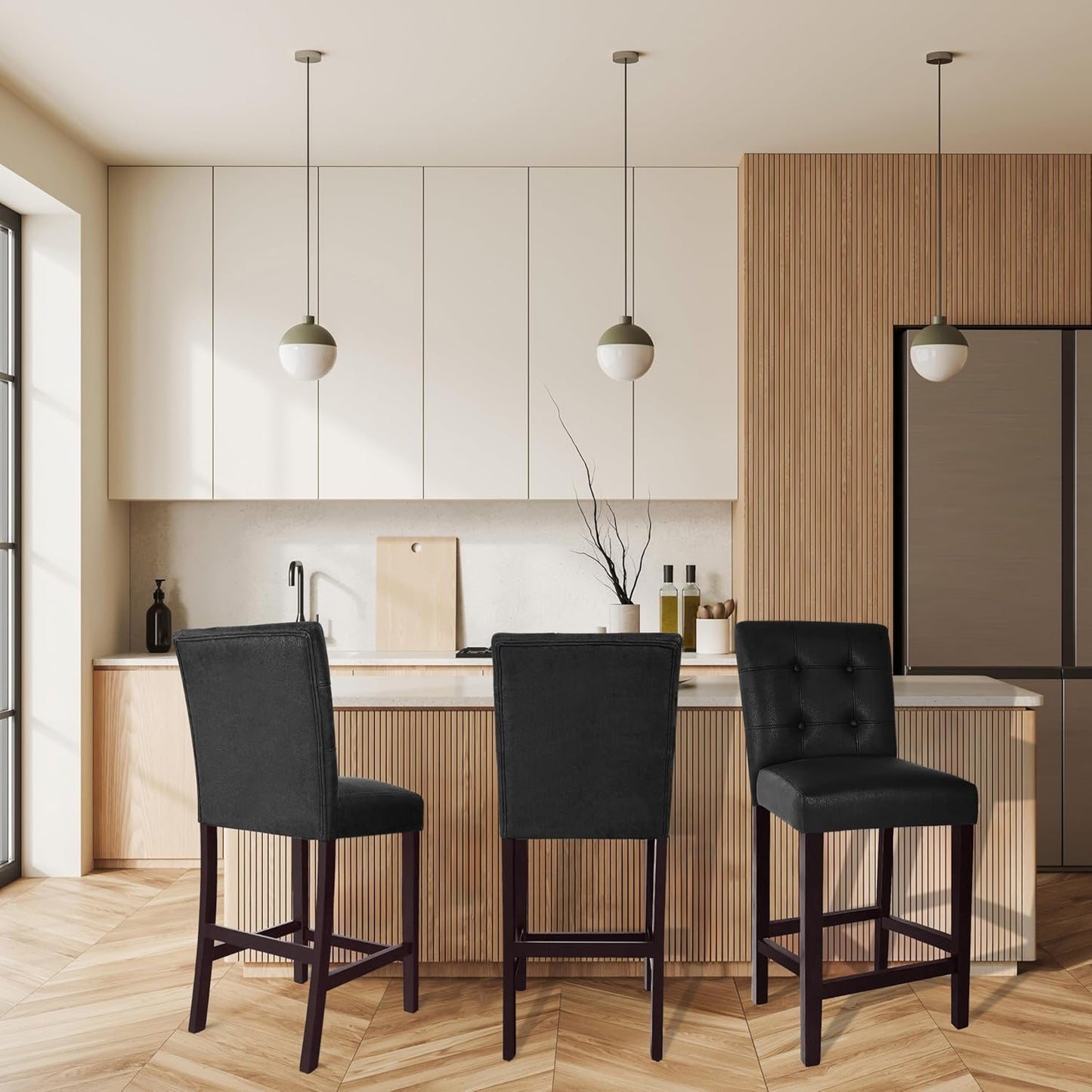 HomePop 24" Upholstered Button Tufted Leatherette Counter Height Barstool Chairs, Matt Black Faux Leather (Set of 2)