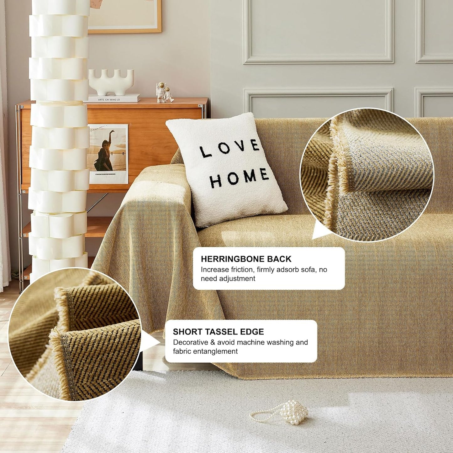 STACYPIK Wear-Resistant Chenille Yellow Sofa Cover, Couch Cover for Dogs, Washable Pets Protector for 3 Cushion Couch, Sofa Covers for Loveseat, Non-Slip Sectional Cover, Throw Blanket-71X134IN