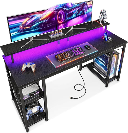 ODK 55 Inches Gaming Desk with LED Lights, Computer Desk with Monitor Stand, Pc Table with CPU Stand, Black
