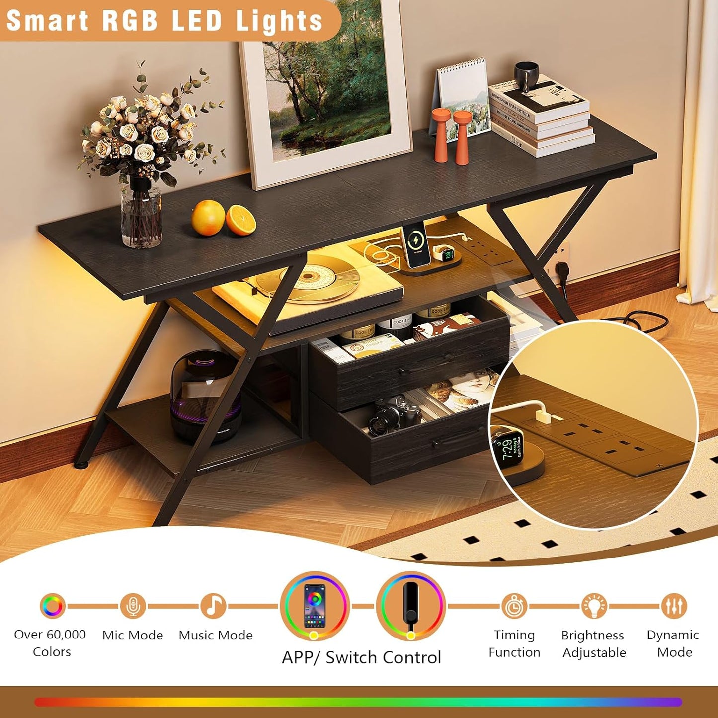 TV Stand with Power Outlet and LED Lights, Fits TVs up to 65”, 2 Fabric Drawers Entertainment Center with Open Storage Shelves, Media Console for Living Room, Bedroom (Charcoal Black)