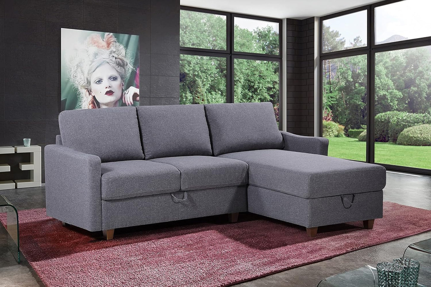 Container Furniture Direct Sectional Sofa with Storage – Modern Upholstered Living Room Couch, Reversible Chaise for Home, Apartment, Office, 81.9” L, Dark Grey