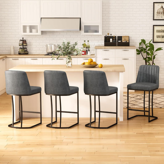 Counter Height Bar Stools Set of 4, Upholstered Leather Barrel Barstools with Back and Metal Legs for Kitchen Island, 27.4" Seat Height, Fabric in Faux Leather, Rustic Grey
