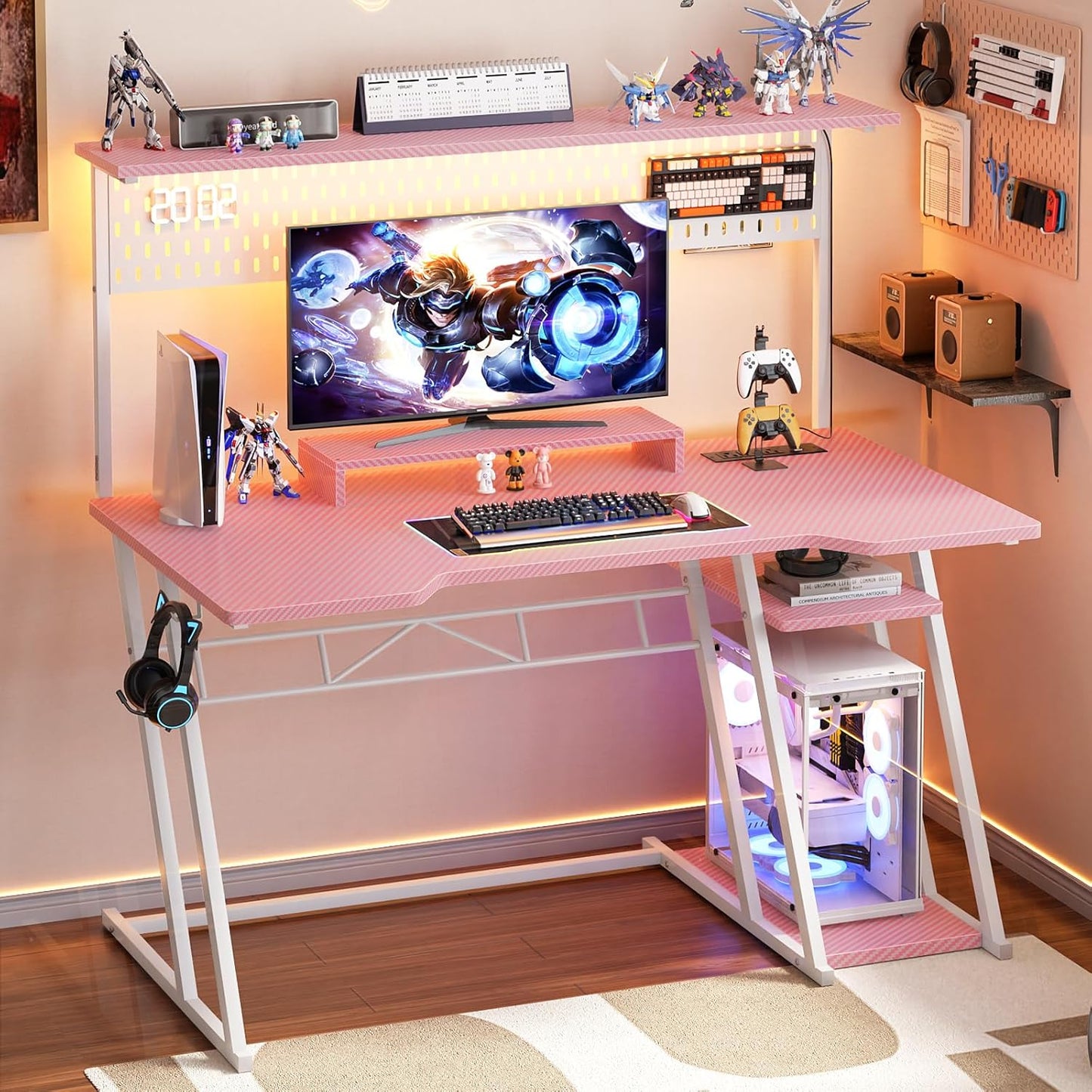 Gaming Computer Desk with Power Outlets, Gaming Desk with Hutch and LED Lights, Reversible PC Gaming Desk with Pegboard, Carbon Fiber Pink, 47"