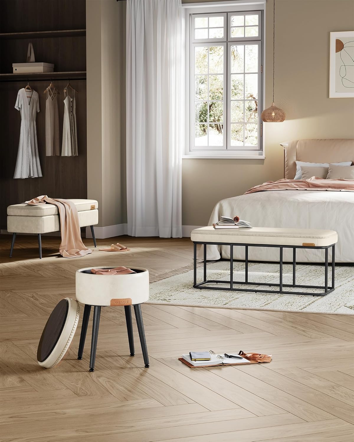 VASAGLE EKHO Collection - Storage Bench for Entryway, Ottoman Bench with Steel Frame, 43.3-Inch Wide, Synthetic Leather, Living Dining Room, Mid-Century Modern, Loads 660 lb, Cream White ULOM085W02