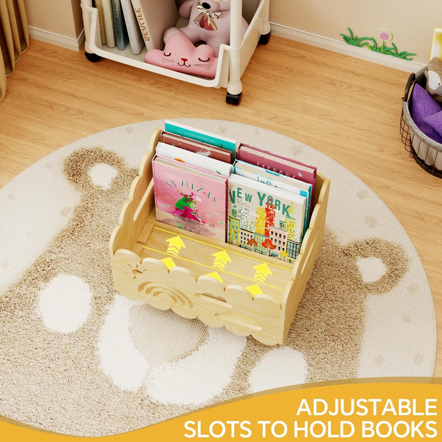 Wood Kids Bookshelf, Montessori Bookshelf, with 2 Adjustable Dividers, 4 Wheels Suitable Kids Rooms, Nursery & Classroom, Book Shelf for Kids Rooms, Toddler Book Rack, Nursery Book Shelves