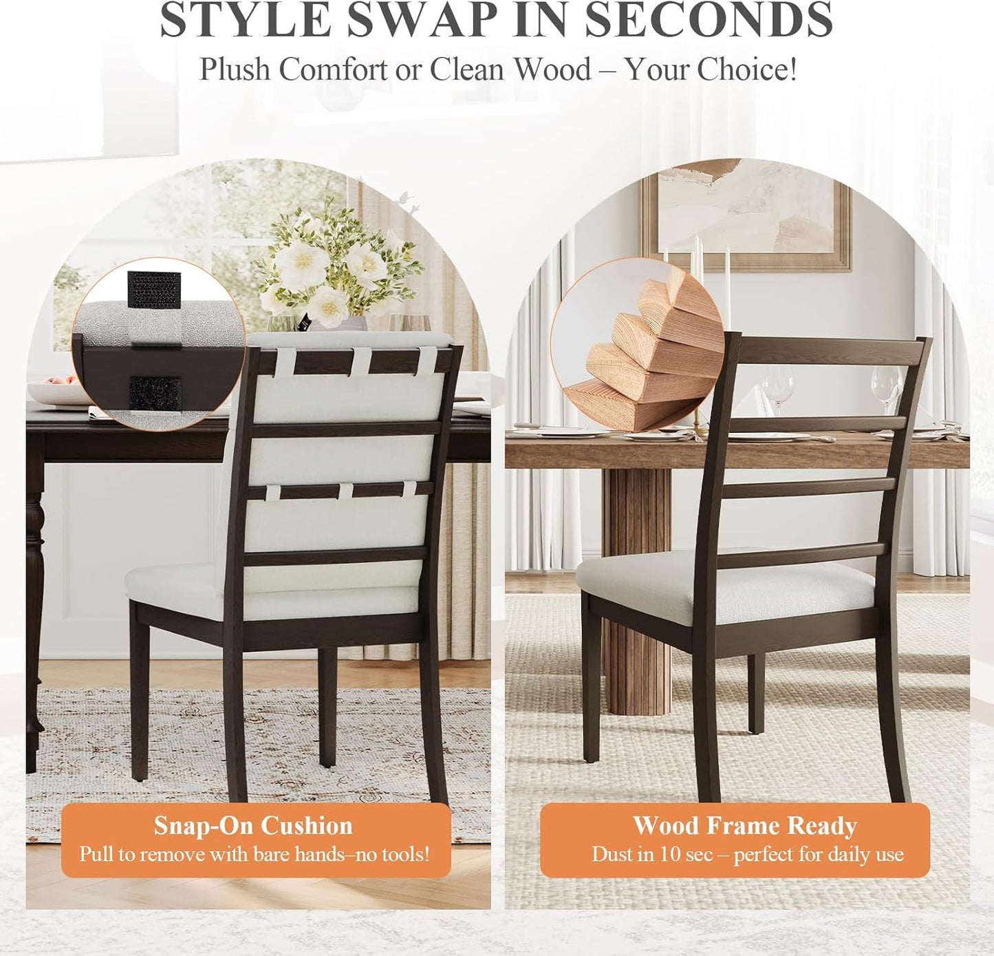 COLAMY Wooden Dining Chairs Set of 6, Modern Fabric Upholstered Kitchen Side Chairs, Farmhouse Ladder High Back Dining Room Chair with Foot Pegs - White