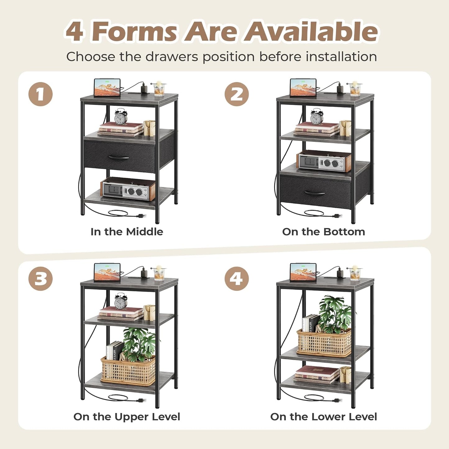 SUPERJARE Night Stand with Charger Station, 27.7 Inch Tall Nightstand with Adjustable Fabric Drawer, Bed Side Table, Fabric Drawer Dresser for Bedroom, Living Room, Charcoal Gray and Black